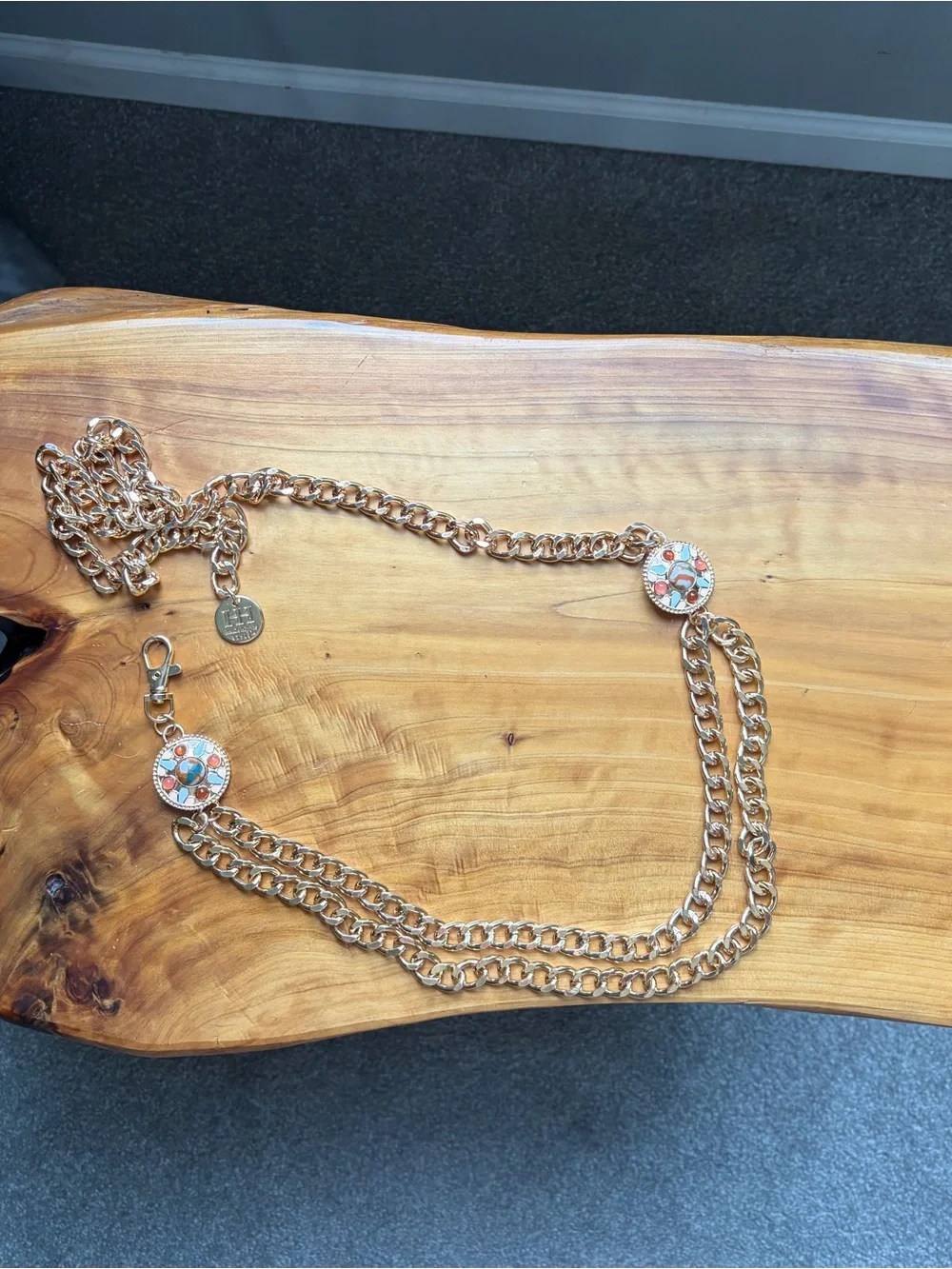 Haute Hippie Gold Chain Belt with Coral and Turquoise Medallion